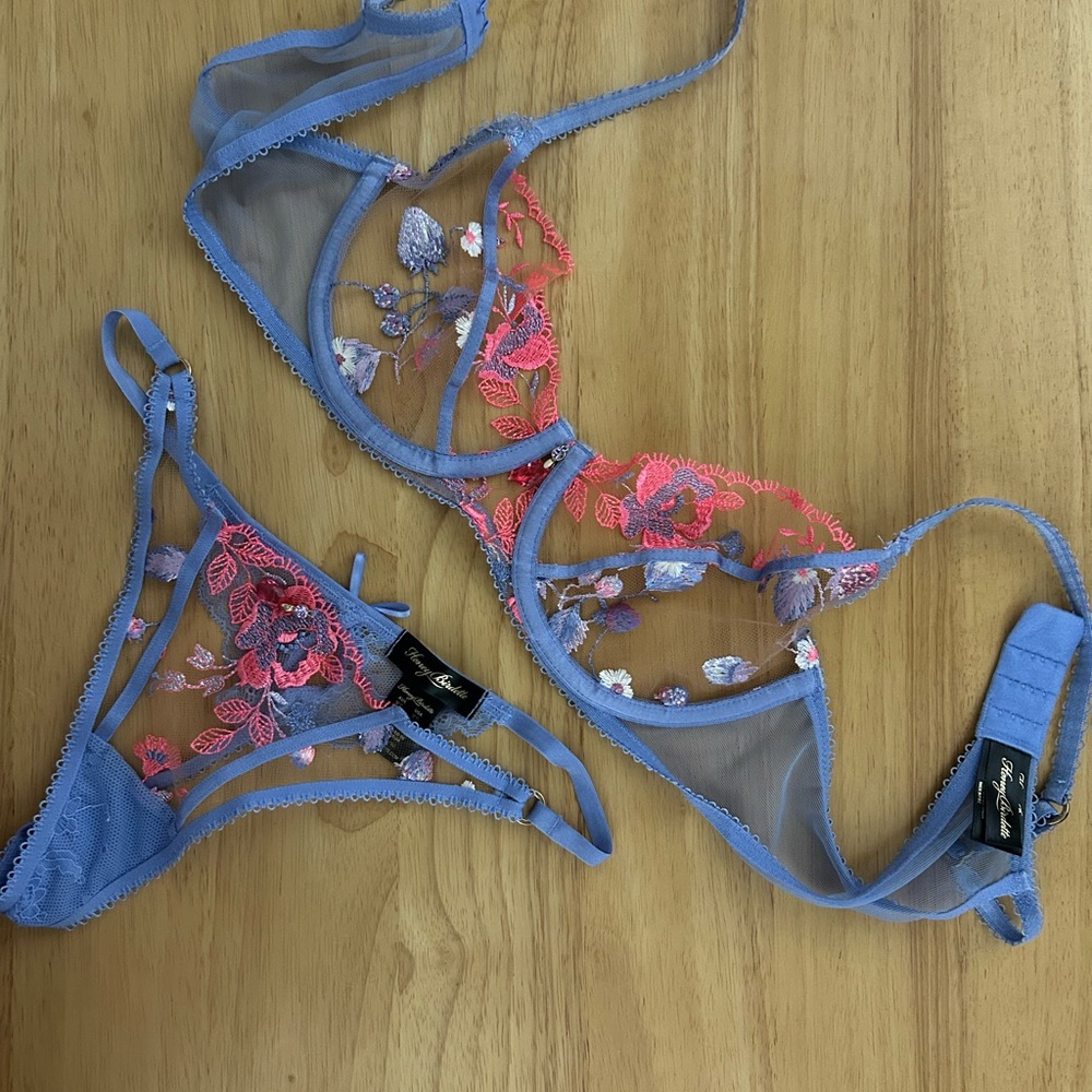 Honey Birdette 34BLavender Sheer Embroidered Bra & Thong XS